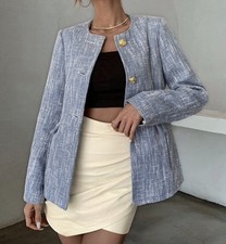 Classy Button Up Marbled Tweed Blazer Jacket Gold Button - Size Small