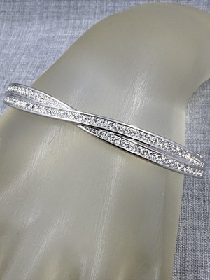 Vintage Swarovski Edith Twist Rhodium Plated Hinged Bangle Bracelet w/ Box