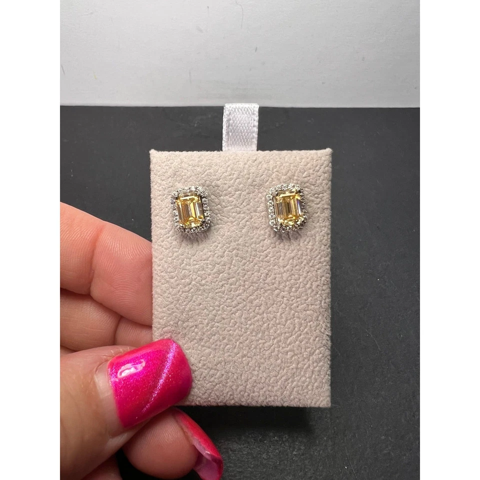 Yellow and white moissanite halo stud earrings in rhodium over sterling silver - Image 3 of 4