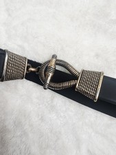 Chicos Black Adjustable Leather Belt Silver Horsebit Loop Tribal Buckle ML VTG