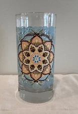 Libbey Crisa Retro 6" Glass Tumbler Floral Turquoise/Orange Mandala Pop Art