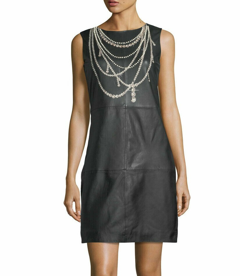 Moschino Black Pearl Necklace Graphic black leather Italian