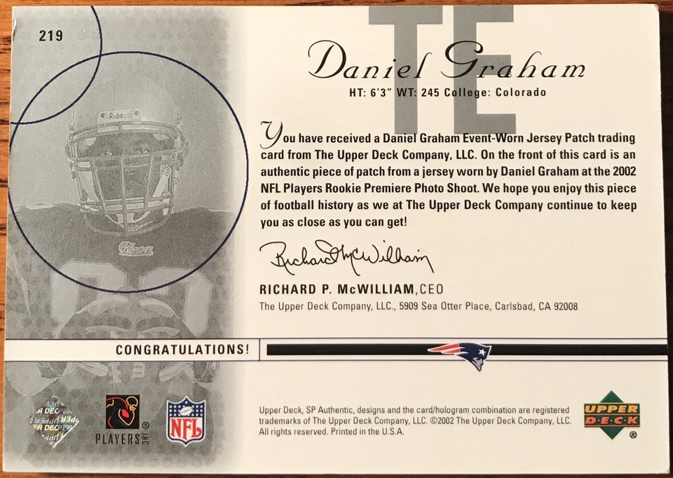 2002 SP Authentic Rookie Jersey Daniel Graham #219 #’d 206/850 - Image 2 of 4