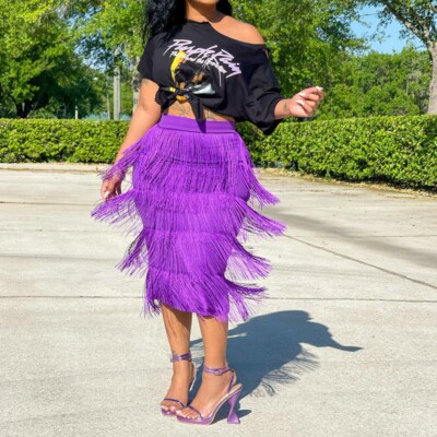 Fringe Bodycon Pencil Skirts Tassel High Waist Women Stretch