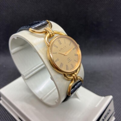 Gucci 6000L Watch Ladies 23mm Quartz Round Gold Dial Swiss Made