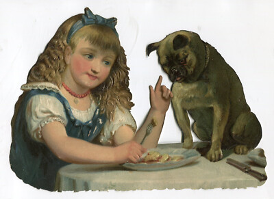 Glanzbilder Oblaten scraps XL  Kind Mädchen Hund   22,3 cm