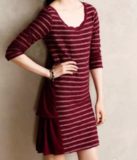 Saturday Sunday Anthropologie Maroon Burgundy Stripe EVA Ruffle Back Dress XS P
