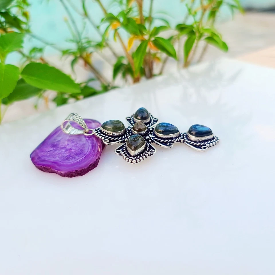 Labradorite Cross Pendant 925 Sterling Silver Handmade Gemstone Jewelry 2.85" - Image 3 of 4