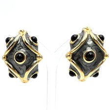 Vintage 1980s Marasco Gold Tone Gray Black Enamel Statement Clip Earrings