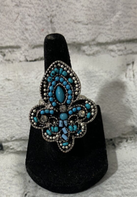 Fleur De Lis Statement Ring Turquoise Color And Silver Tone One Size Fits Most