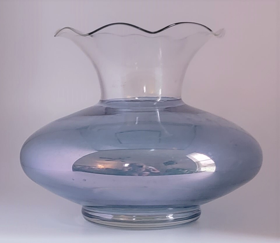 Iridescent Light Blue to Clear Vase Ruffled Edge Around the Top