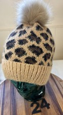 FUN ANIMAL PRINT KNIT BEANIE WITH FAUX FUR POMPOM, OSFM. NEVER WORN.     24