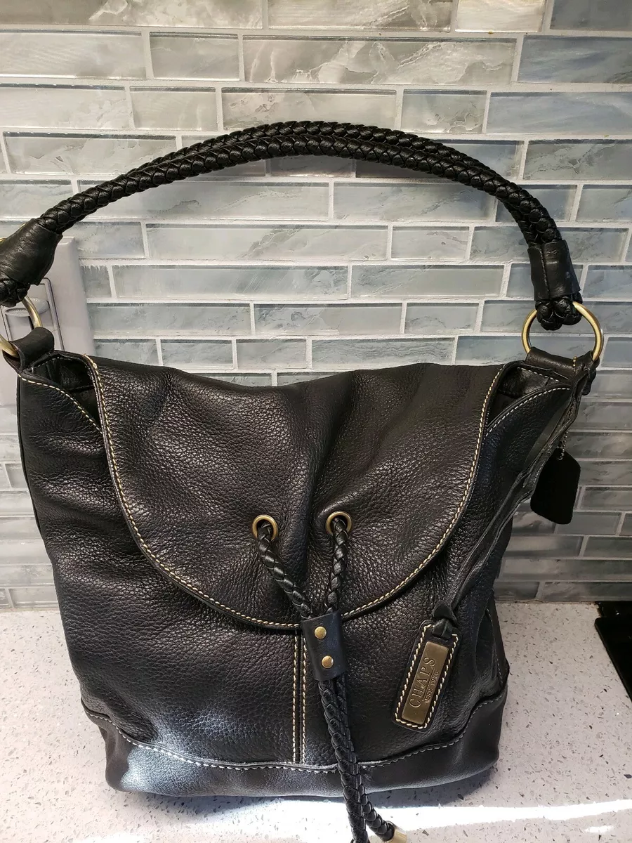 Chaps Black Pebble Leather Bucket Shoulder Bag Purse Braided Strap
