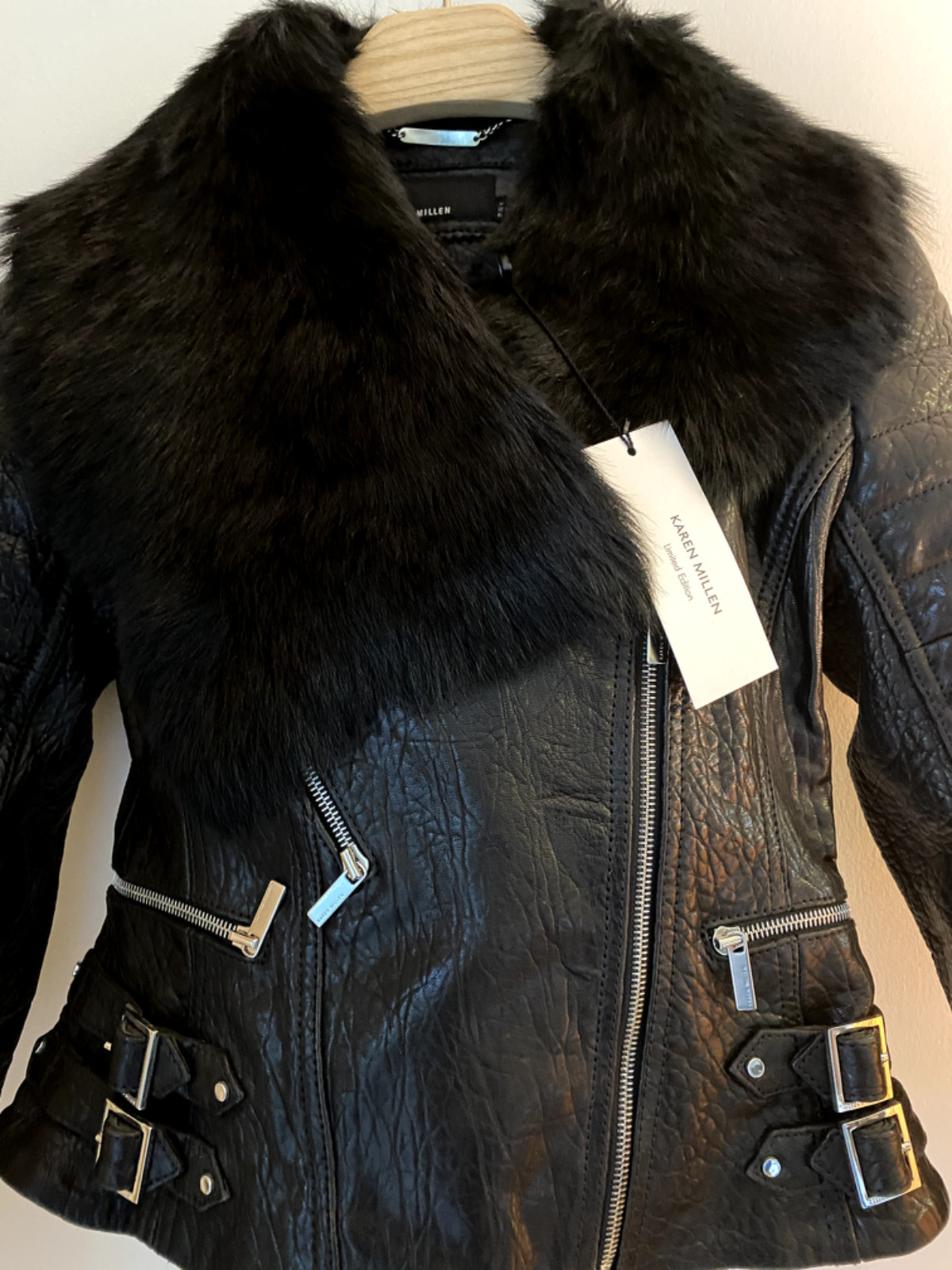 Karen Millen Unique  Luxurious Shiny Leather Shearling  Biker Jacket 12 UK image 7
