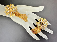 80's Jacky De G Paris Signed Gold Tone Dogwood Flower Rhinestone Tassel Earrings