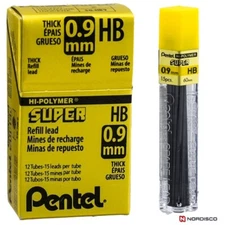 Pentel 50-HB9 0.9mm Super Hi-Polymer Lead Refills, HB Box of 12 Tubes, 180 Leads