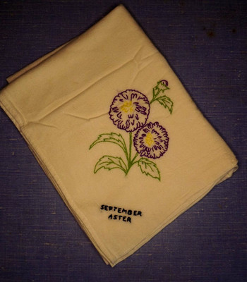 Vintage Cotton Dishtowel Embroiderd Aster Flower September Never used