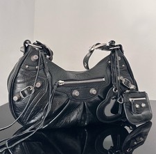 Balenciaga Le Cagole Half-Crescent Shoulder Bag ? Oil Wax Black Leather Studded