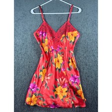 VTG Victoria's Secret Red Floral Satin Lace Trim Slip Dress Nightgown Small