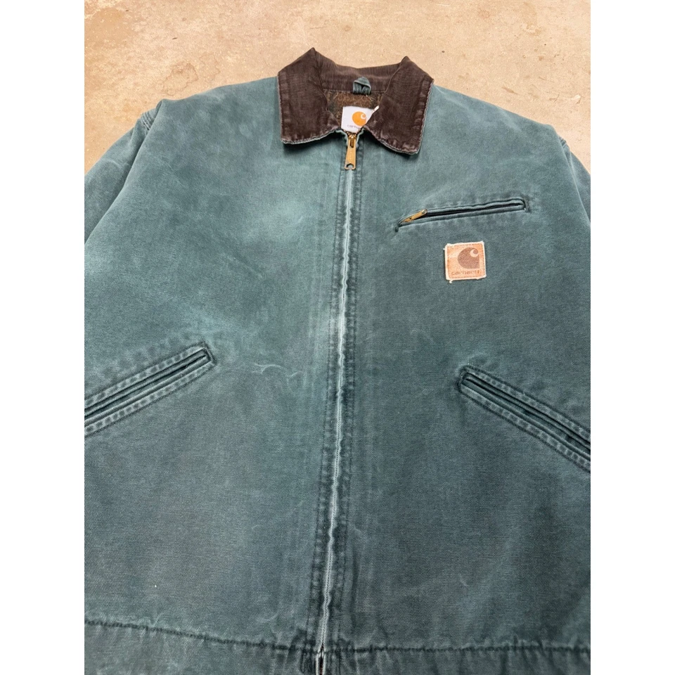 Carhartt J43HTG Teal Quilted Lined Work Jacket Mens Large Canvas Corduroy Collar - Image 2 of 4