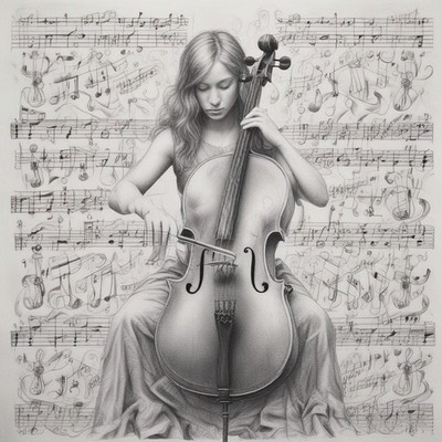 Woman Playing Cello Black & White Art Print Musical Notes Portrait Orientation