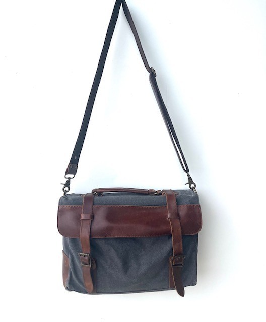 S Zone Gray Canvas Cross Body Laptop Messenger Bag Brown Lea
