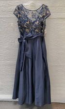 New Xscape Navy Blue 3D Flower Bodice Bow Satin Evening Ball Gown Sz 14
