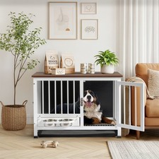 Indoor 31" Wooden Dog Crate with Rotating Feeder, End Table Decorative Pets Cage