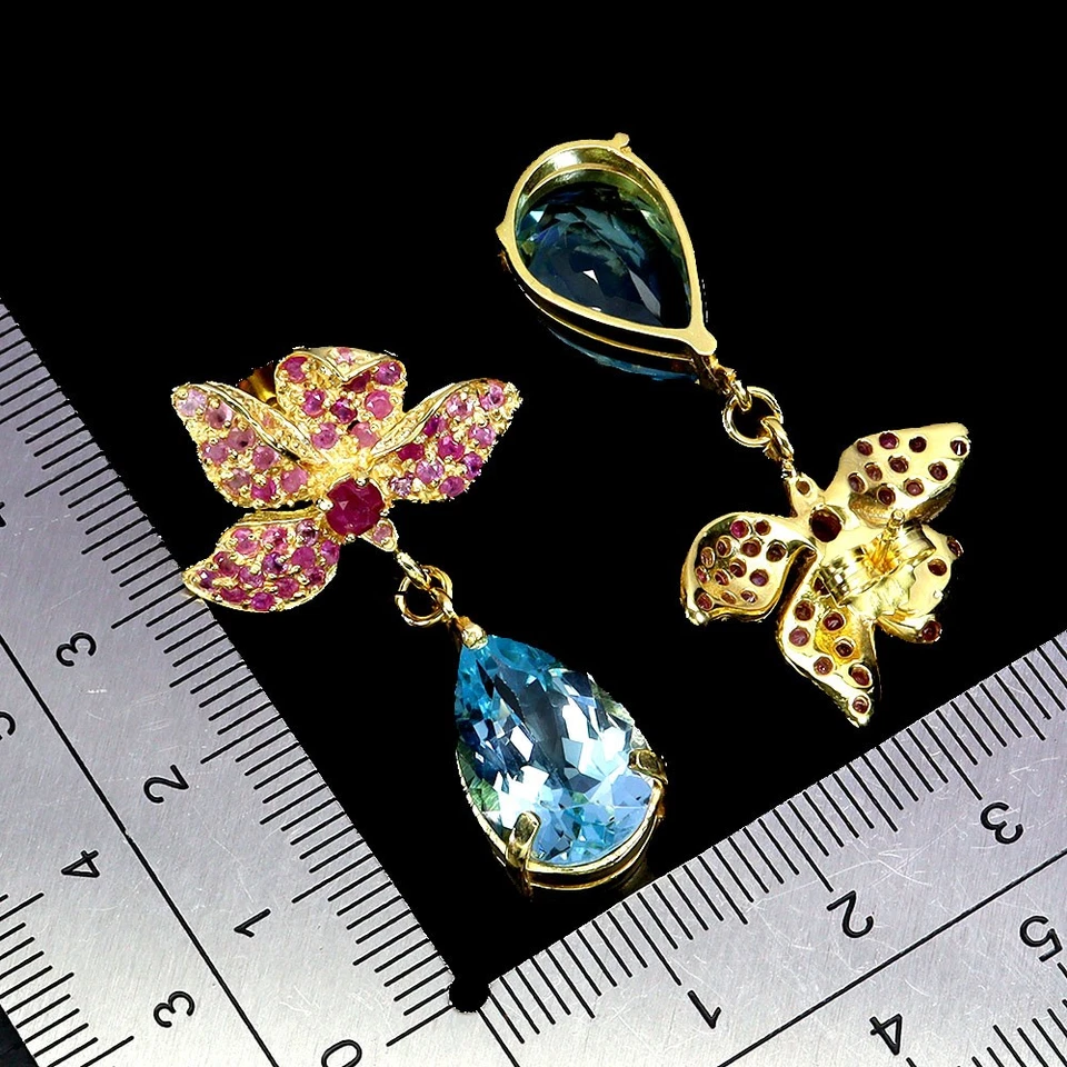 925 Sterling Silver Earrings Pear Sky Blue Topaz 15x10mm Ruby Gemstone Jewelry - Image 3 of 4