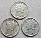 1923, 1924, 1934 Mercury Silver Dimes; Very Nice XF-AU Lot of Three (3) Coins.