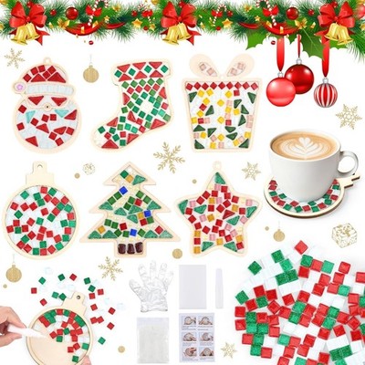 6 Set Christmas DIY Mosaic Tiles Crafts Kits for Adults Xmas Wooden Coasters wit