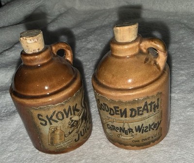 Mini Distillery  Jugs Skonk Juice & Sudden Death Coroner Ceramic Jars 