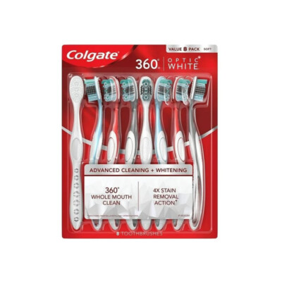 Colgate 360 Whole Mouth Clean Optic White, SOFT Bristles - 8 Toothbrushes