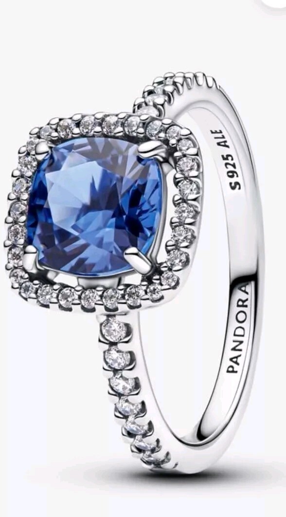 NEW Genuine Pandora Sparkling Square Blue Halo Statement Ring Size