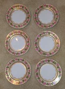 Antique T & V Limoges Hand-Painted Dinner Plates, 1907. Pink, gold encrusted.