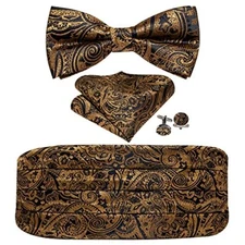  Men Cummerbund Bow Tie Set Silk Paisley Formal Pre-Tied Bowtie Gold Black