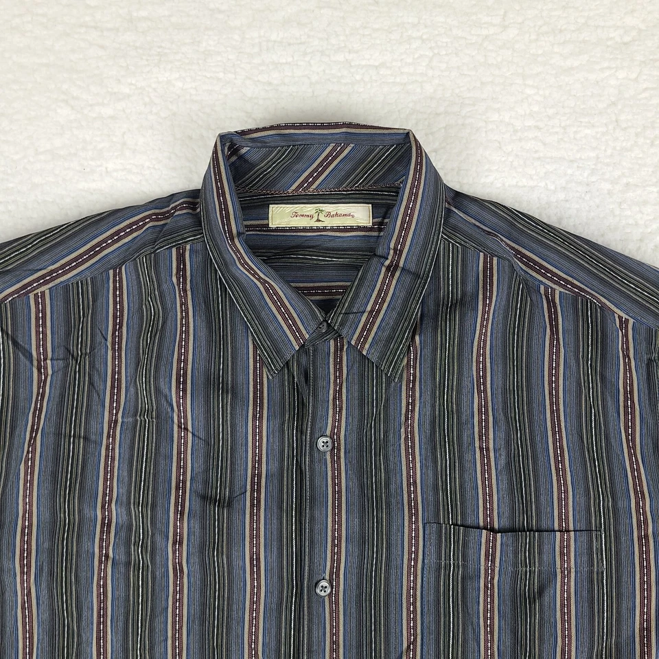 Camisa Tommy Bahama Para Hombres XL Azul Verde Rojo Rayas 100% Seda Vestido Abotonado Foto 3 de 4