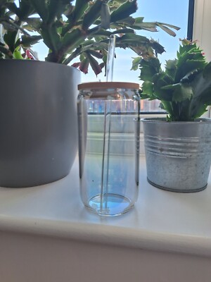 2 Stück - 16 Unzen irisierende Glas Libbey Dose mit natürlichem Bambusdeckel und Glasstrohhalm