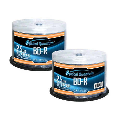 OPTICAL QUANTUM 100 OQ 6x 25GB Blu-ray BD-R White Inkjet Printable Blank Discs OQBDR06WIP-H-50