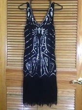 Babeyond Women’s Size Medium Black Beaded V-Neck Fringe Sleeveless Dress CW-72