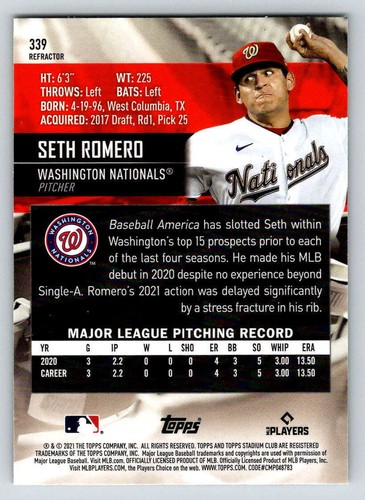 2021 Stadium Club Chrome Refractors #339 Seth Romero (ref Y00549) - Picture 2 of 2
