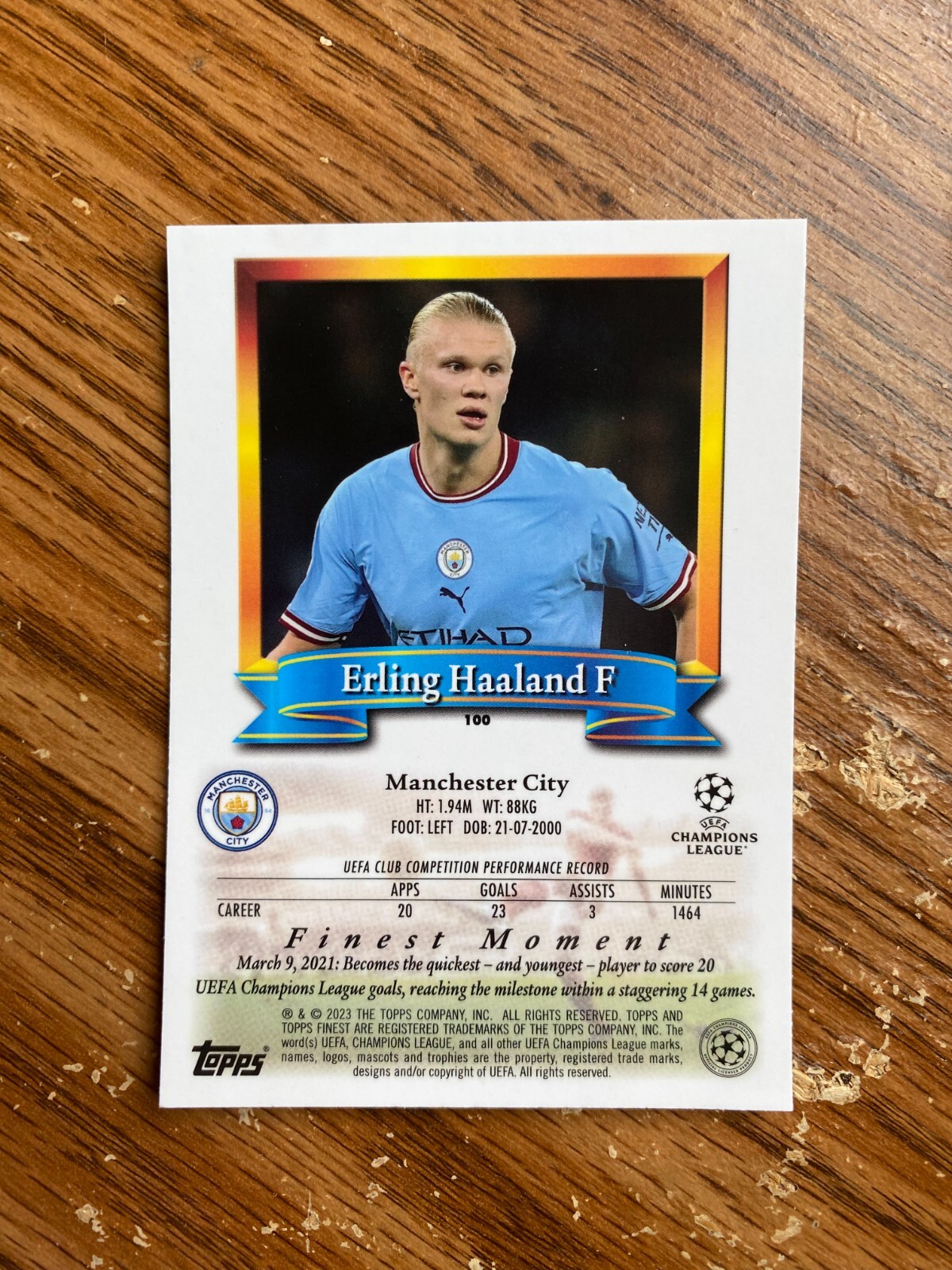 2022-23 Topps Finest Flashbacks UEFA Erling Haaland #100 Manchester City view 2