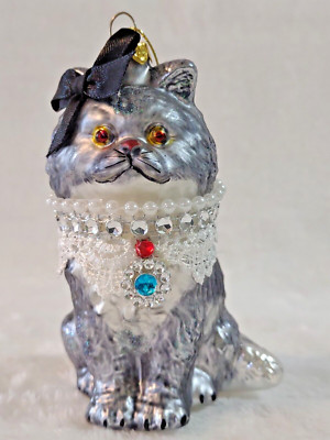 Fancy Cat Blown Glass Christmas Ornament