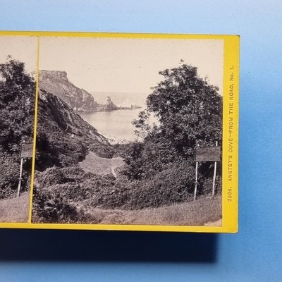 Torquay Stereoview 3D C1870 Real Photo Anstey's Cove Ledgible Cafe Sign Devon