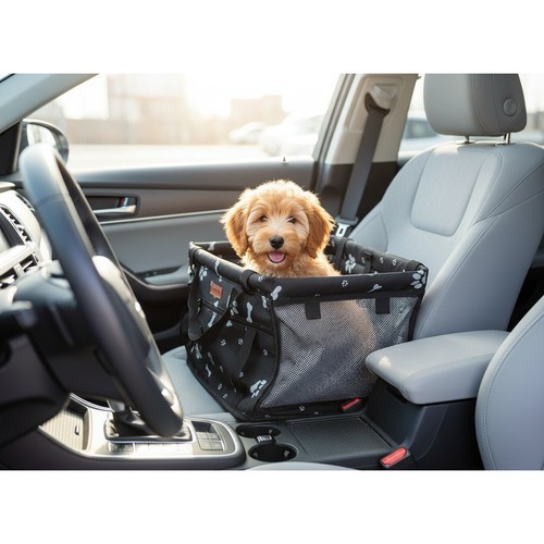 Swihelp Small Dog Car Booster Seat Black Paw Print Bone Pattern