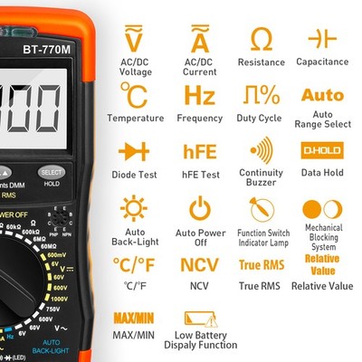 BTMETER Digital Multimeter AC DC Current Voltmeter Ammeter TRMS Auto Range Meter