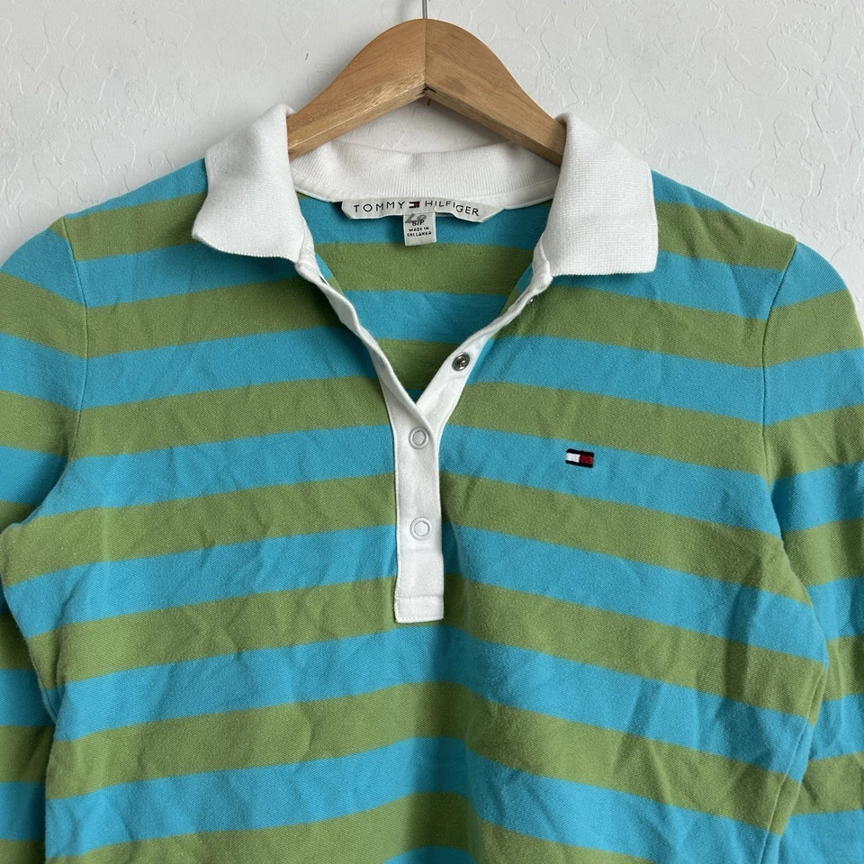 Camisa Tommy Hilfiger Mujer Pequeña De Colección Y2k Manga Larga Polo Rayas Logo Azul Verde Foto 3 de 4