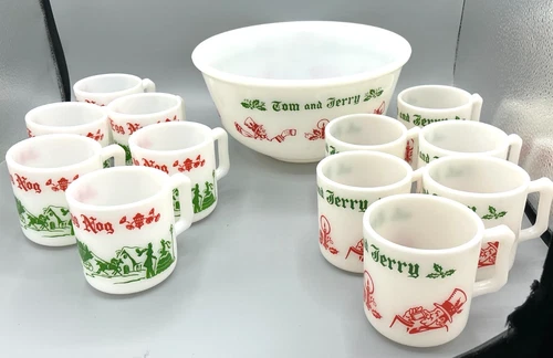 Vtg MCM Tom and Jerry Hazel Atlas Glass Bowl 12 Cups ~ 6 Egg Nog ~ 6 Tom & Jerry