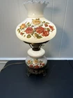Vintage GWTW Hurricane Lamp Milk Glass Red Rose Floral Ruffled Shade 22" 1970s