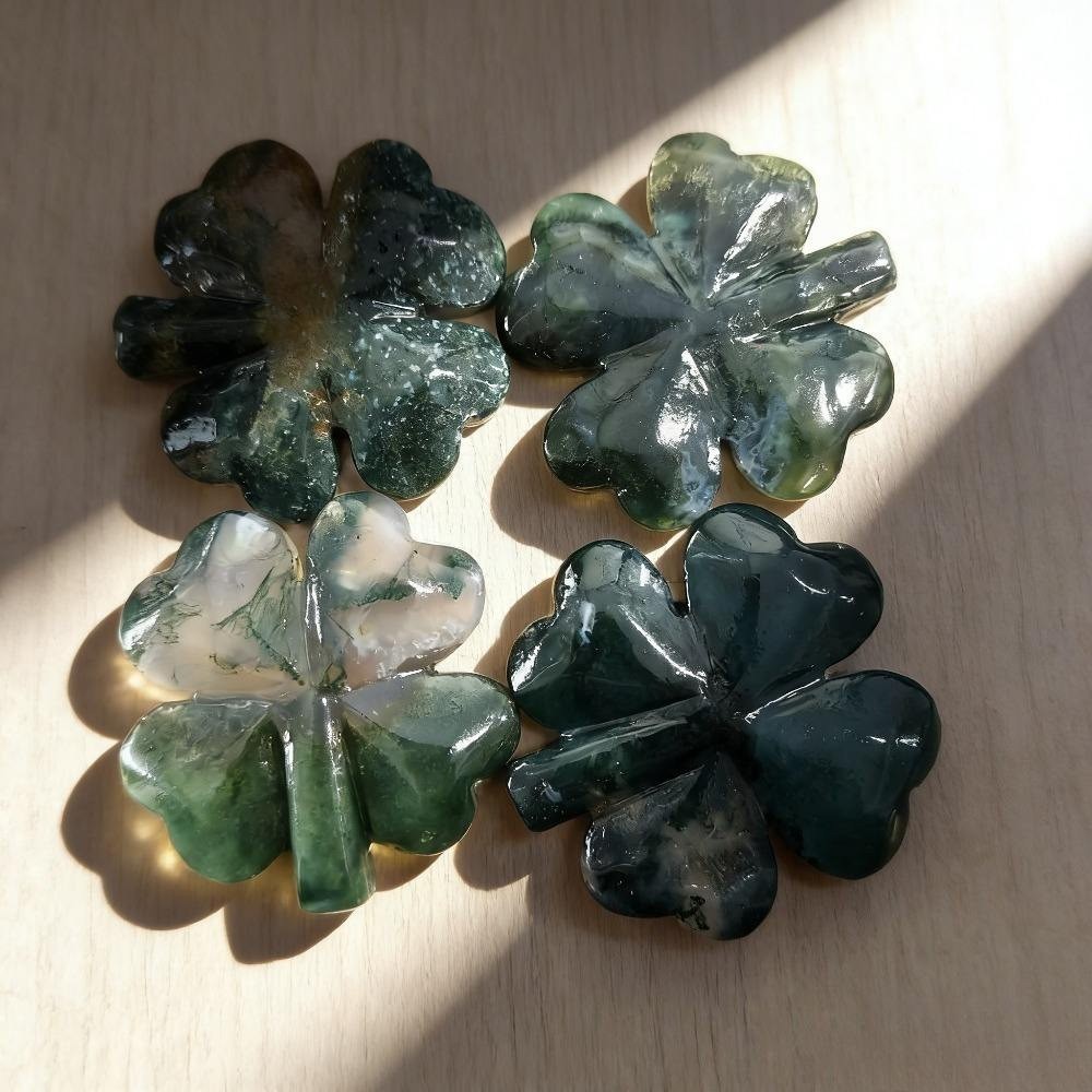 Natural Moss Agate Four-Leaf Clover Carving Polished Crystal Leaf Home Decor